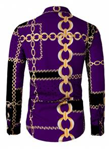 Manfinity Homme 男士秋季休闲撞色链条和波尔卡圆点印花长袖衬衫