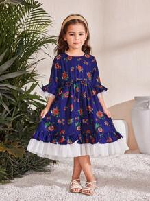 SHEIN 年轻女孩编织花卉圆领撞色网眼拼接紧身连衣裙 - 藍色 - 查看 6