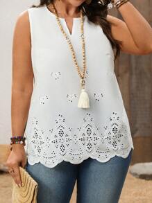 EMERY ROSE Plus Size Women's Early Spring White Embroidered Blouse For Summer - White - View 6