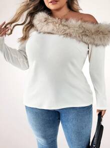 SHEIN CURVE+ 大码女式毛茸茸拼布不对称肩长袖休闲衬衫