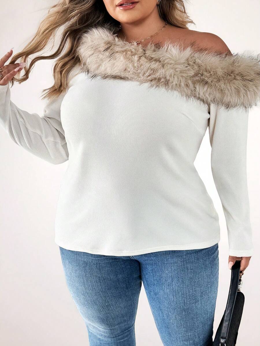 SHEIN CURVE+ 大码女式毛茸茸拼布不对称肩长袖休闲衬衫