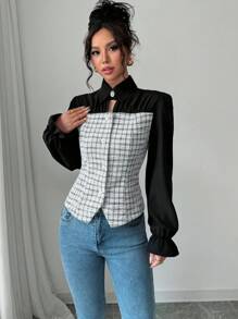 SHEIN Frenchy Damen Lässig Langarm Bluse, minimalistische Mode Alltagskleidung