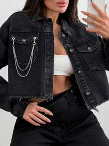 EURMUSE CROP JACKET BLACK STYLE WOMEN DEMIN COAT SIMPLE FASHIONABLE - Black - View 1