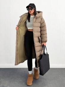 EURMUSE Zip Up Hooded Long Puffer Coat - Beige - View 4