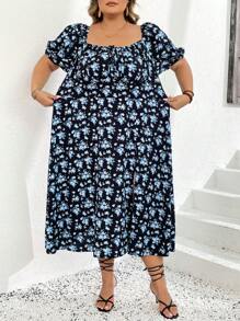 SHEIN CURVE+ Vestido de verano bohemio, elegante y con estilo romántico francés para mujer talla grande con estampado floral, mangas abullonadas, nudo delantero y abertura en el muslo - Multicolor - Ver 4