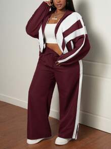 Slaydiva Plus Size Casual Sports Long Sleeve Crop Top And Pants 2 Pieces Set, Green And White, Autumn/Winter - Burgundy - View 5