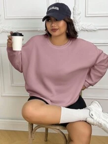 INAWLY Plus Size Solid Color Loose Fit Drop Shoulder Sweatshirt, For Winter Fall Cloth For Women Autumn - Dusty Pink - View 4