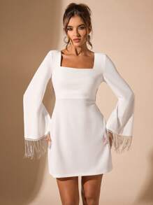 SHEIN BAE Autumn Long Sleeve Rhinestone Tassel Backless Flare Sleeve Mini Dress, Date Night Party Club Outfit,Valentine's Day,Valentine Outfits For Women,Valentine's Day,Valentine Outfits For Women - White - View 4