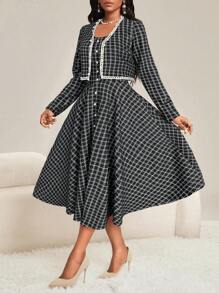 SHEIN Lady Herbstkleidung im Viersaonenlook Zwei-Teiler Herbstsets Elegante Damenkleider für Büroarbeit, Valentinstag, Ausgestellter Ausschnitt, Langarm, Neuer Fit, Damen Zweiteiler, Winterkleid Damen, Herbstoutfits Damen - Schwarz und Weiss - Übersicht 1