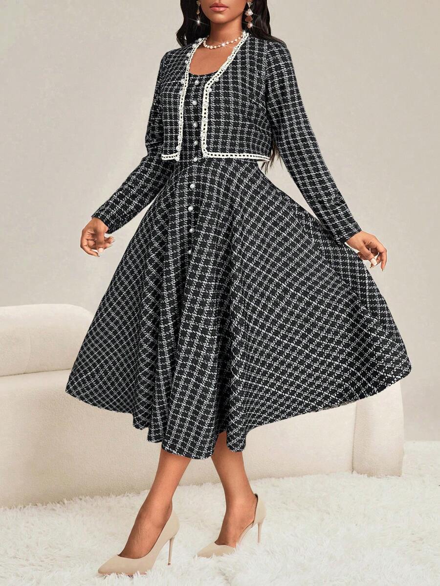 SHEIN Lady Herbstkleidung im Viersaonenlook Zwei-Teiler Herbstsets Elegante Damenkleider für Büroarbeit, Valentinstag, Ausgestellter Ausschnitt, Langarm, Neuer Fit, Damen Zweiteiler, Winterkleid Damen, Herbstoutfits Damen - Schwarz und Weiss - Übersicht 1