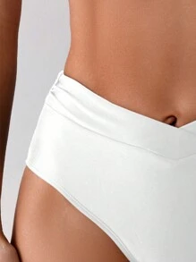 Swim Basics Women Beach Resort Plain Color Asymmetric Waist Bikini Bottom Summer - White - View 6