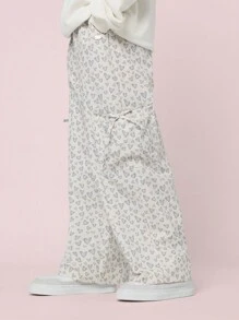 SUMWON Tween Girls Comfy Straight Fit Heart Printed Bow Pocket Cargo Parachute Pant - Beige - View 1