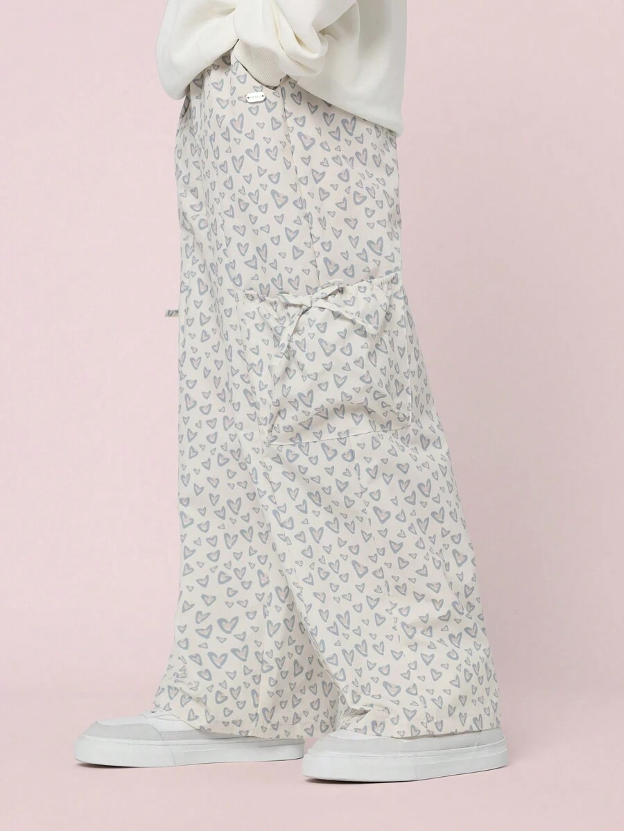 SUMWON Tween Girls Comfy Straight Fit Heart Printed Bow Pocket Cargo Parachute Pant - Beige - View 1