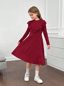 SHEIN Tween Girls Ribbed Knit Stand Collar Ruffle Hem Fitted Casual Long Sleeve Dress - Burgundy - View 5
