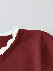 SHEIN Clasi 女士优雅拼色钩针针织毛衣裙，合身百搭，秋冬款 - 酒紅色 - 查看 4
