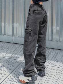 美国简约修身塔形印花工装牛仔裤
