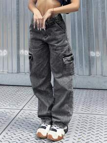 美国简约修身塔形印花工装牛仔裤