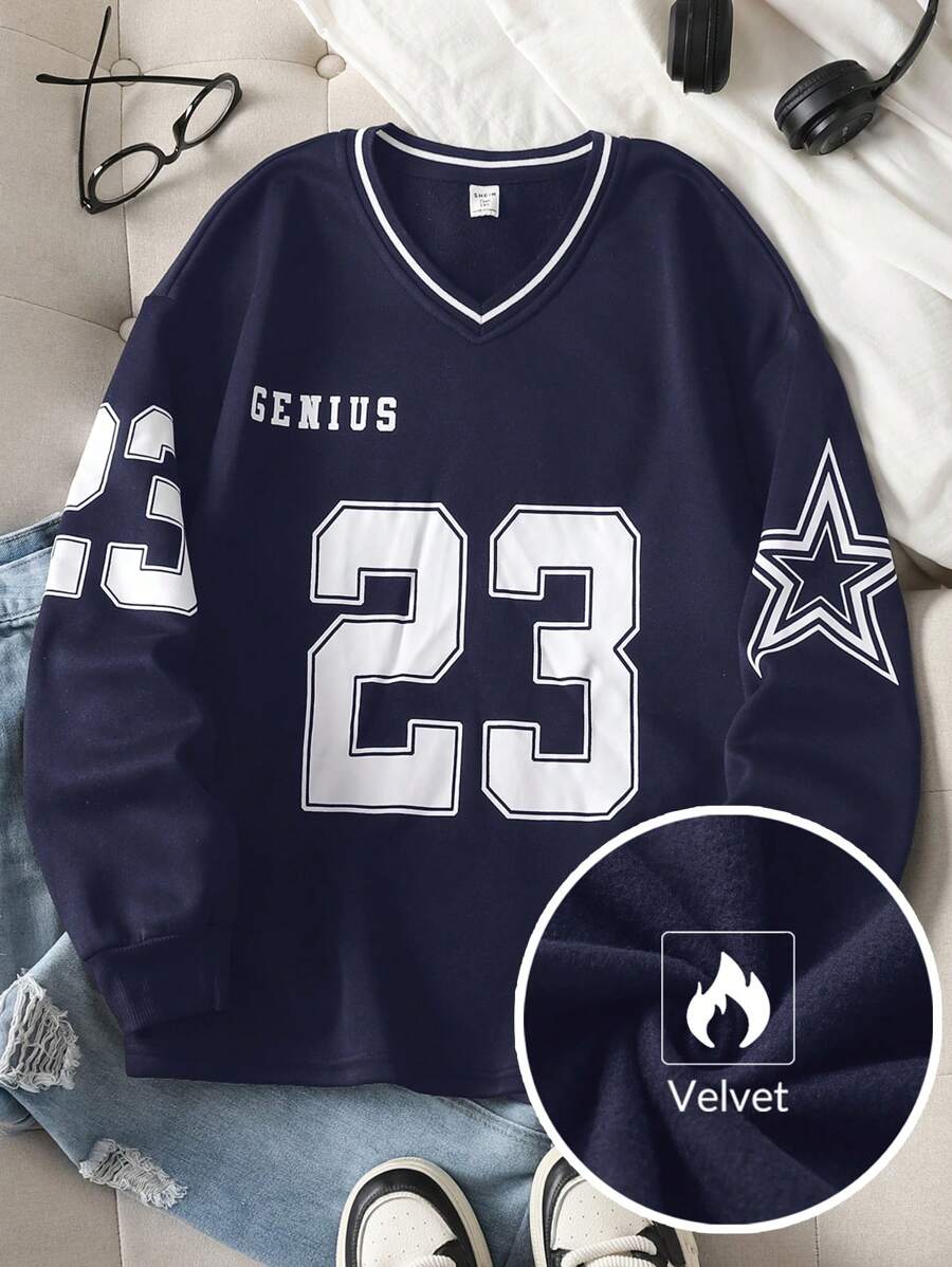 SHEIN Teen Girl's Solid Color Ribbed Collar Numeric & English Letter Print Loose Casual Hoodie,In Fall/Winter