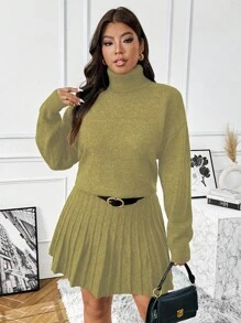 Flirla 1 conjunto de suéter informal de cuello de polo y falda de punto con textura de rayas verticales, talla grande, versátil, para uso diario y de trabajo - Verde Oliva - Ver 6