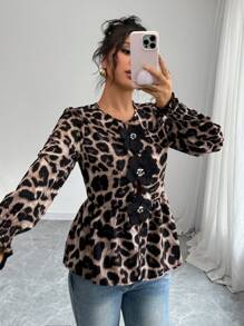 SHEIN Frenchy Women's Fashion Three-Dimensional Flowers Long Sleeves Tops,Leopard Print Button Closure Embellished Doll Shape Shirt, Lantern Sleeve Ruffle Cuff Top,Autumn Winter Cheetah Casual - Multicolor - View 5