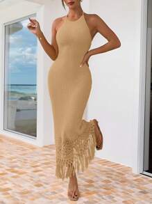 SHEIN Essnce 休闲女士纯色简约时尚日常连衣裙 - 卡其色 - 查看 3