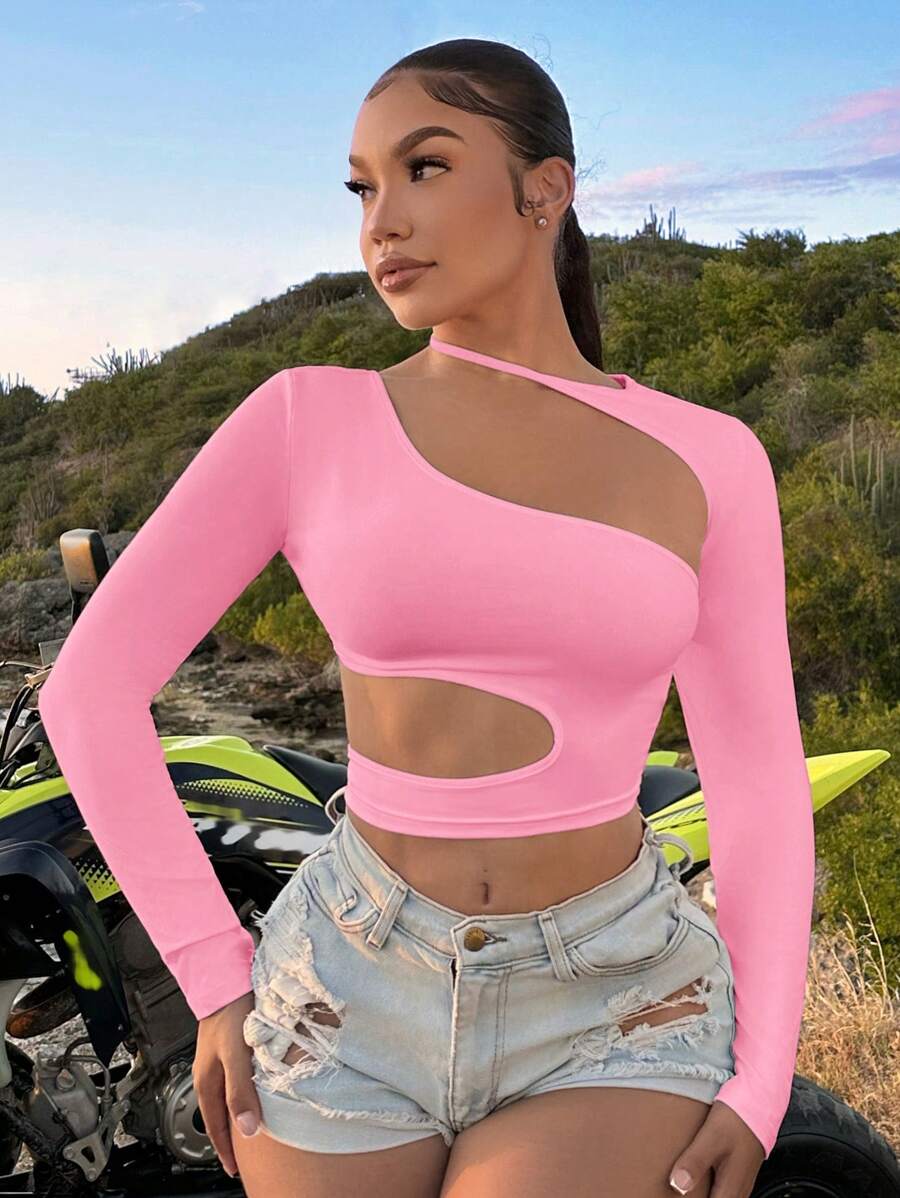 SHEIN SXY 春假和夏季不对称露背镂空粉色短款背心,适合女士情人节 - 粉色 - 查看 1