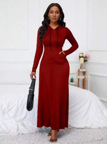 SHEIN LUNE Gaun Maxi Wanita Berkerudung dengan Tali Serut dan Kantong, Pakaian Wanita - Burgundy - View 5
