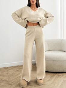 SHEIN Jersey de punto acanalado para mujer color beige, adecuado para el invierno