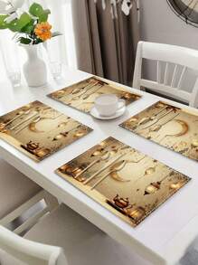 1buc/4buc/6buc Ramadan Lantern Moon Star Placemat, Pret alungit din poliester lavabil la masina, Blat protejat, Placemat izolat, Decorare restaurant, Decorat masa, Articole de uz casnic, Potrivit pentru multi oameni, Decorare pentru petreceri