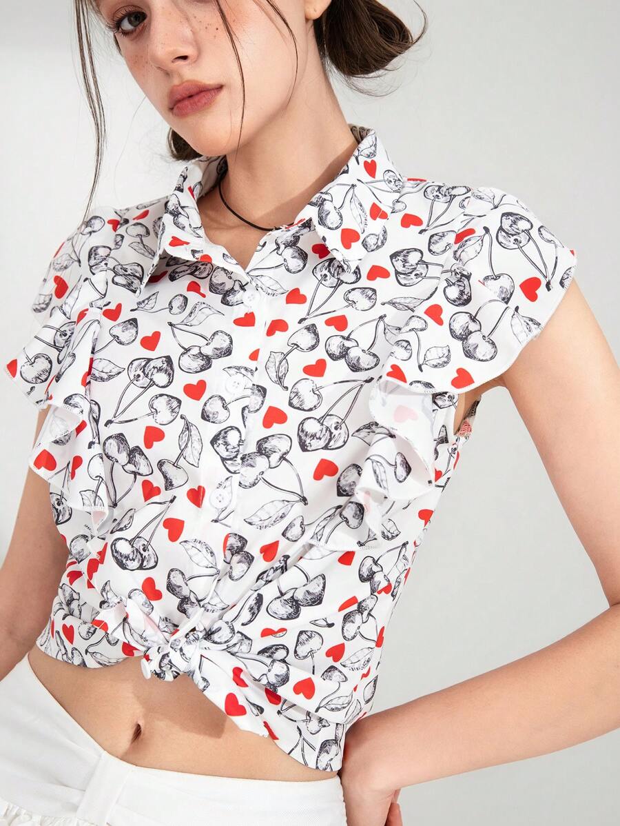 SHEIN Explorewe 少女短袖短款樱桃心印花优雅衬衫 - 彩色 - 查看 1