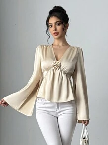 Elenzga 女士纯色杏色 3D 花朵优雅衬衫