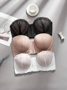 3pcs/Set Plus Size Front Button Lace Trim Underwire Bustier Set Lingerie - Multicolor - View 5