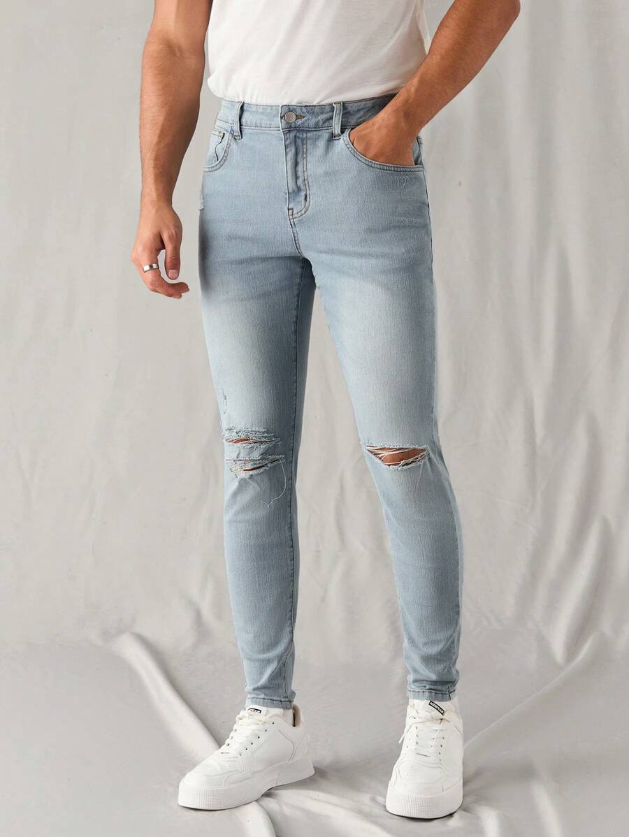Manfinity Roghcode Men's Light Blue Distressed Washed Denim Casual Skinny Stretch Jeans, Urban Chill - Light Wash - View 1