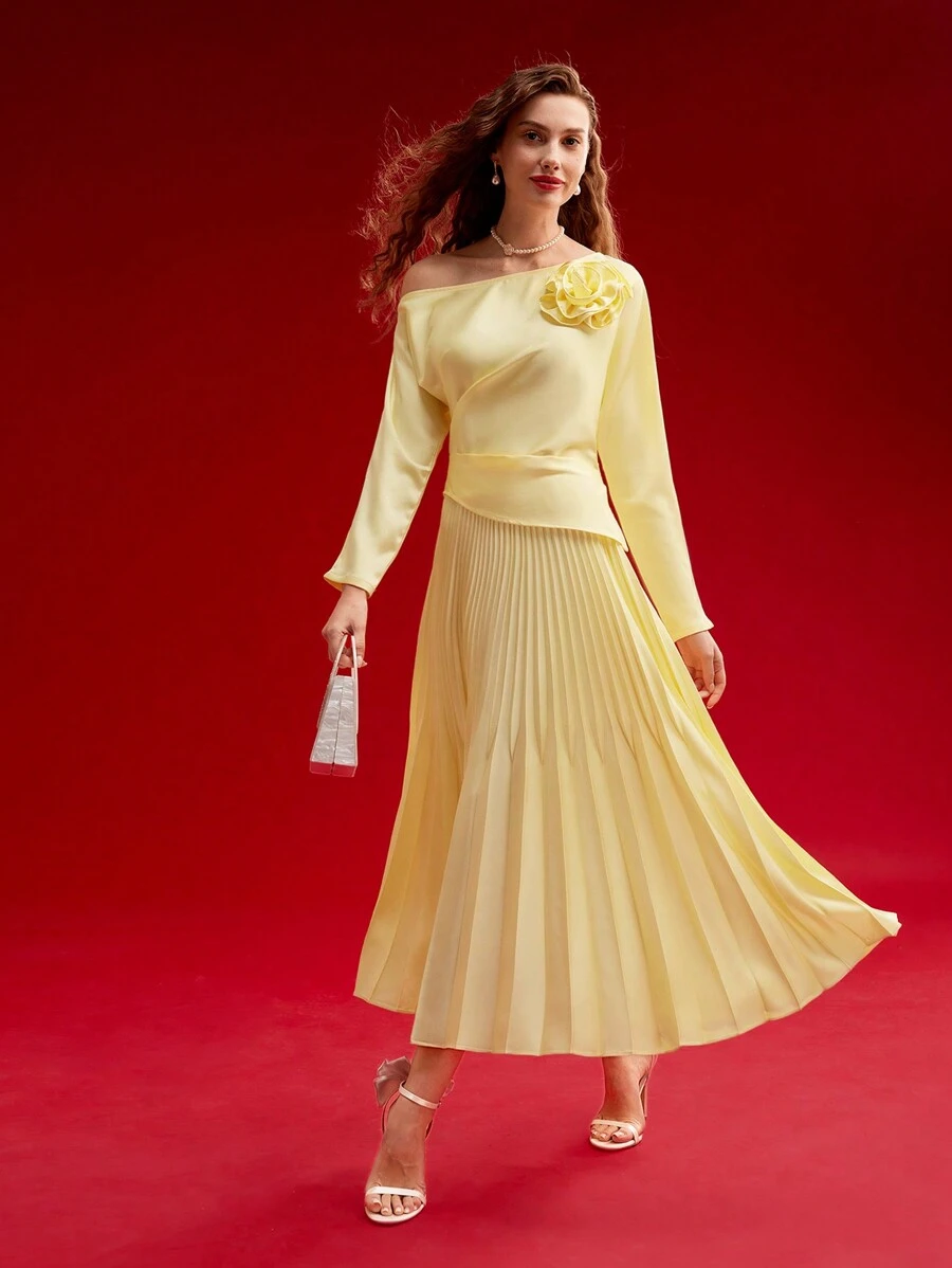 MOTF PREMIUM Falda plisada fluida con cintura elástica, Día de San Valentín, Primavera/Verano - Amarillo - Ver 1