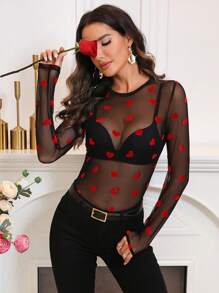SHEIN Clasi 情人节心形网眼女士圆领透明修身衬衫 - 黑色 - 查看 3