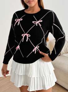 Flirla Plus Size Women Bow Decor Round Neck Long Sleeve Casual Knitted Pullover Sweater, Autumn/Winter Fall - Grey - View 6
