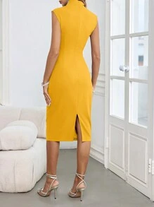 SHEIN Clasi Women Elegant Twisted Texture Blue V-Neck Fitted Sleeveless Dress - Yellow - View 2