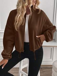 SHEIN LUNE بلوزة نسائية بأكمام طويلة وسحاب وخيط سحب، من الفليس الدافئ ذات طوق عالي، بلوزة كاجوال