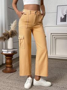 SHEIN PETITE Women's Solid Color Simple Fashionable Casual Denim Jeans - Yellow - View 6