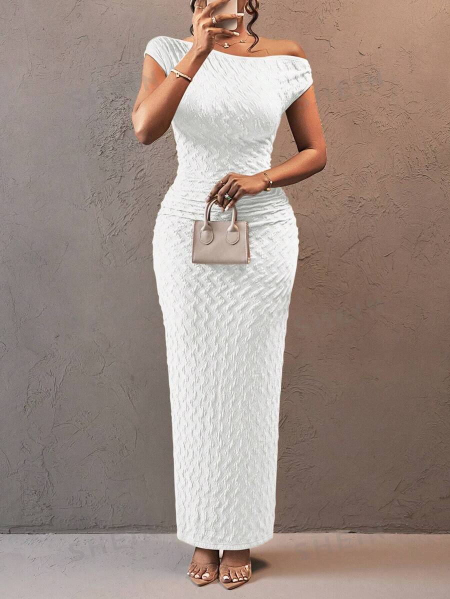 Slaydiva Vestido elegante y sexy de dama con hombro descubierto, de tela con textura a rayas, ideal para fiestas, Día de San Valentín, Año Nuevo o vacaciones. Colección Otoño/Invierno 2024