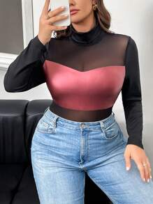 SHEIN Privé 大码女式舒适休闲弹力 PU 与网眼撞色连体衣，黑色长袖连体衣，适合户外穿着，初秋 - 酒紅色 - 查看 6