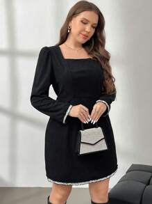 SHEIN Privé 大码女式黑色粗花呢厚格纹方领长袖迷你连衣裙，新款秋冬款 - 黑色 - 查看 4