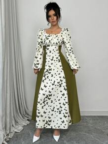 Modelyn 女士荷叶边蝴蝶印花方领灯笼袖长款优雅连衣裙 - 綠色 - 查看 6
