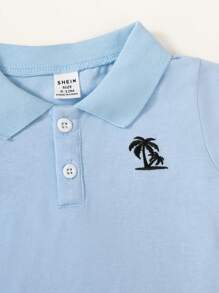 2 pièces Ensemble de tenue décontractée d'été pour tout-petits garçons, avec polo à manches courtes avec broderie d'arbre de noix de coco et de voilier. Convient pour les activités extérieures du printemps, de l'été et de l'automne - Bleu azur - Voir 6