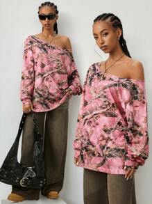 Coolane Tween-Mädchen Date Night Paar im gleichen Stil Y2K Baumzweige Muster Off-Shoulder Sweatshirt, Silvester/Valentinstag - Verschiedenfarbig - Übersicht 3