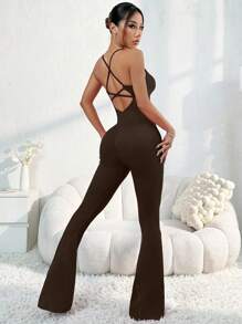 Seamless High Elastic Yoga Workout Leisure Sports Jumpsuit With Built-In Bra Pad
