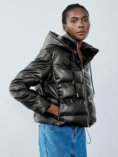 SHEIN Unity 简约休闲连帽抽绳设计 PU 材料女士加厚棉服外套冬季