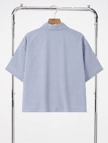 SHEIN 1 件青少年男孩休闲条纹印花宽松短袖衬衫，适合春夏季，青少年男孩春季返校服装 - 彩色 - 查看 2