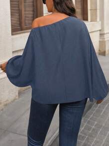 SHEIN CURVE+ Plus Size Solid Color Asymmetric Collar Long Sleeve Casual Loose Shirt - Dusty Blue - View 2