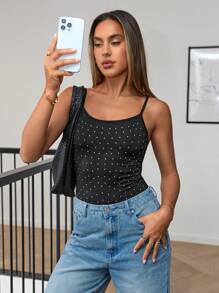 SHEIN X Belinda Siren Gaze Christmas Party Rhinestone Black Bodysuit Black Slim Fit Cami Rhinestone Women's Bodysuit Fashionable Elegant Casual Wear Party Summer - Black - View 4